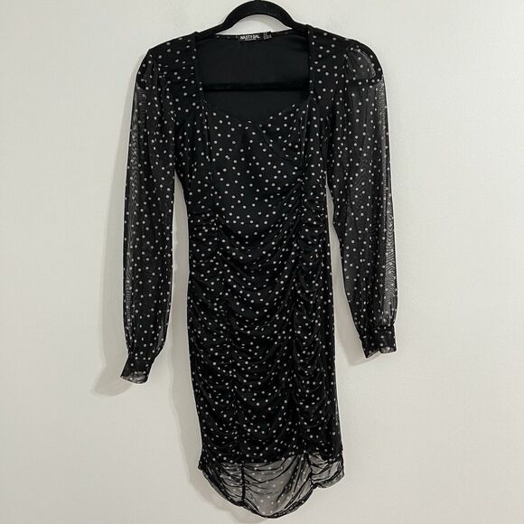 Nasty Gal Polka Dot Mini Dress Size US 6 / UK 10 Mesh Sleeve Ruched Romantic - Picture 3 of 8